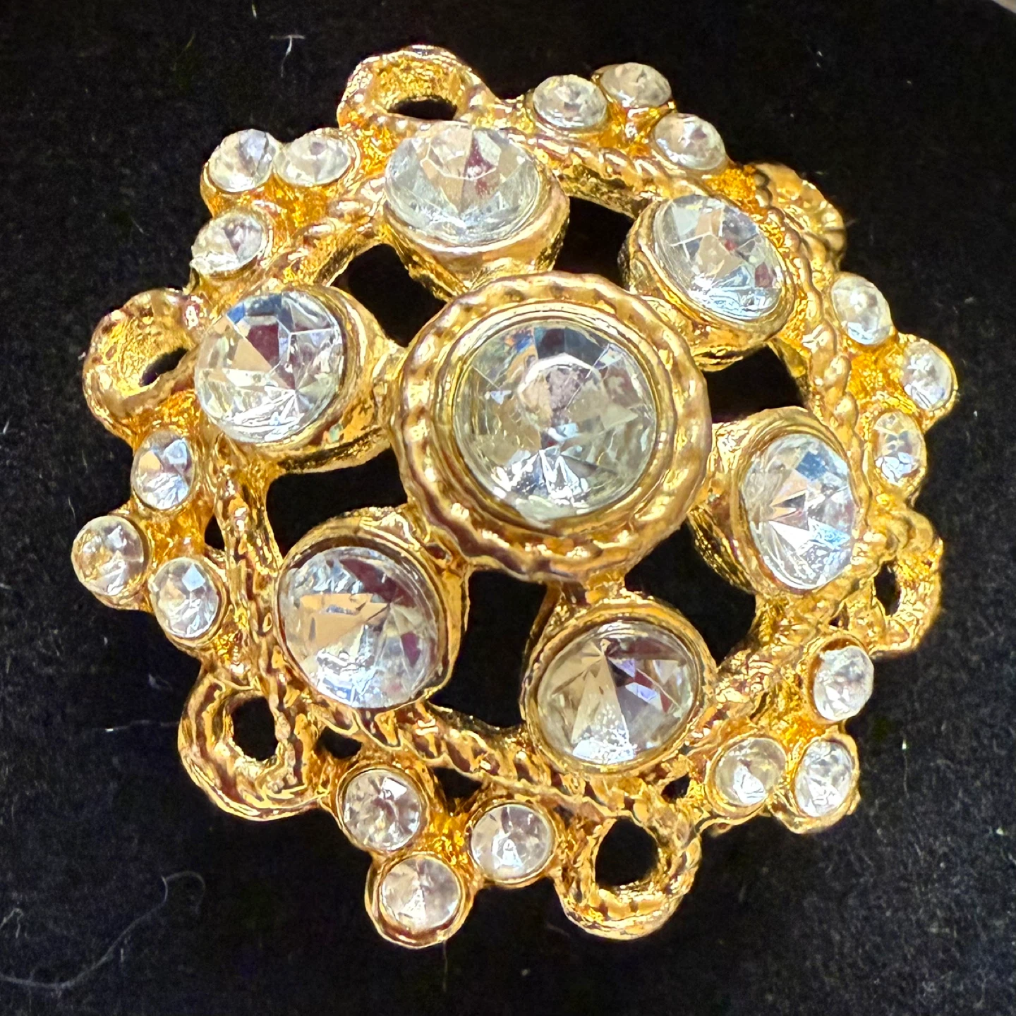 Vintage Twisted Dome Gold Tone and Clear Stone Brooch