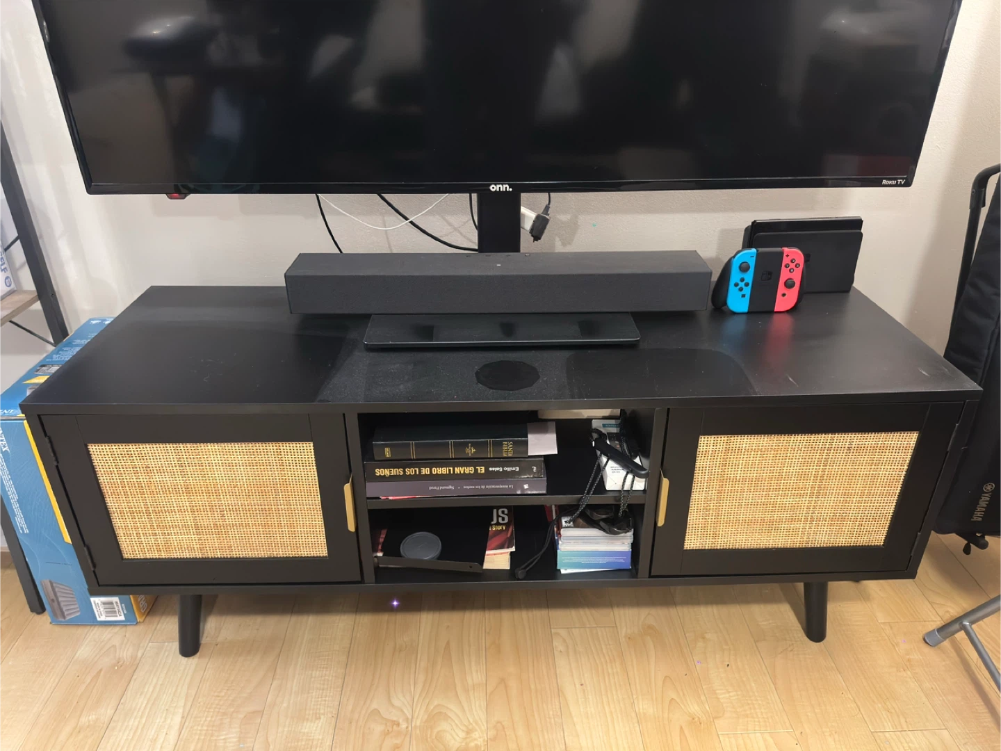 Dark brown TV Stand with Cane Doors