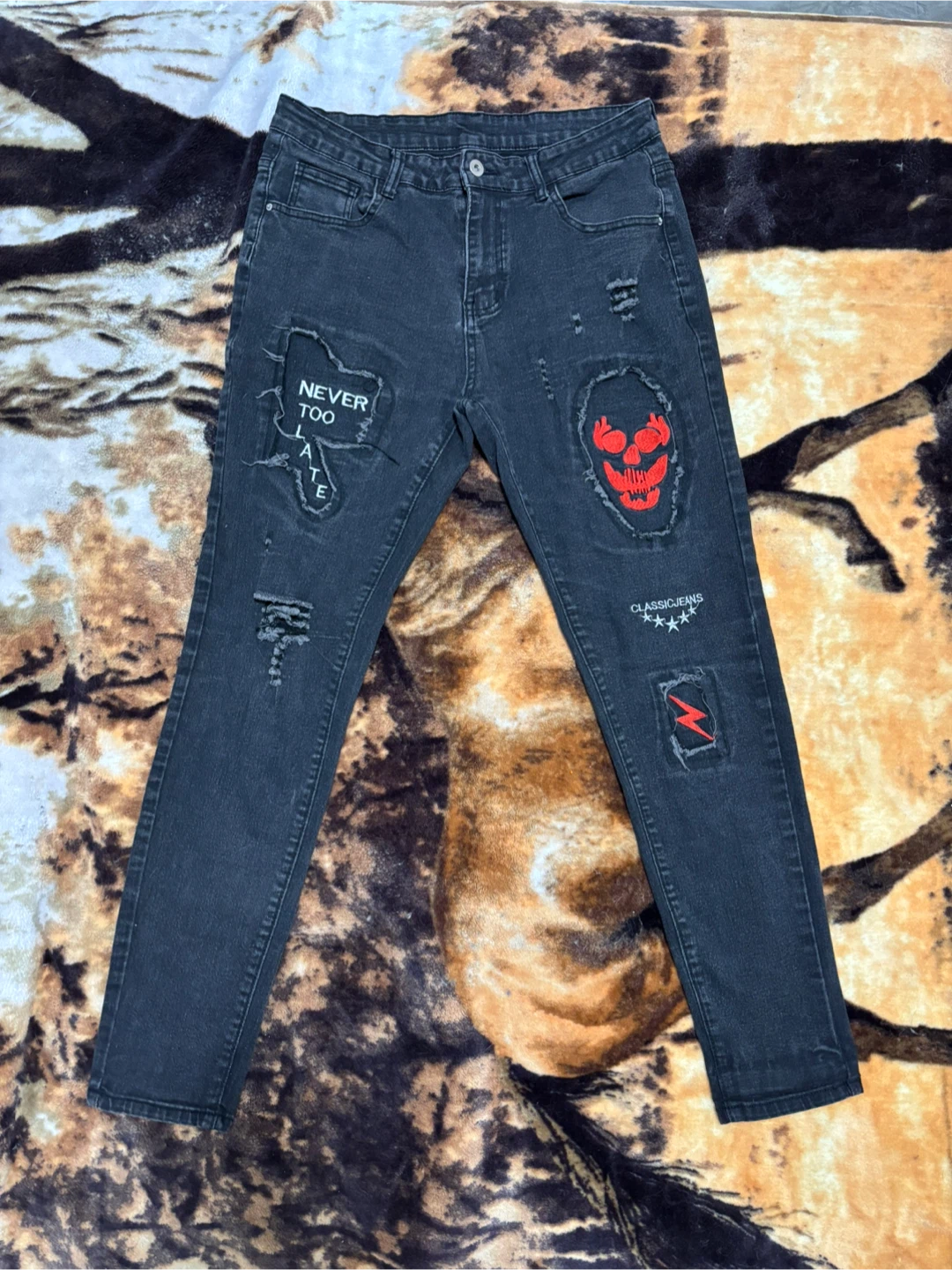 Men's Black Distressed Jeans with Patches