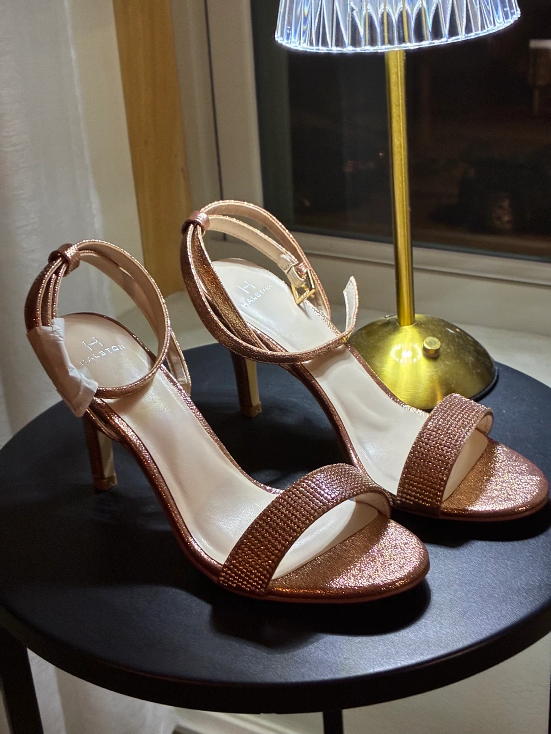 Halston Women's Rose Gold Glitter Strappy Heels