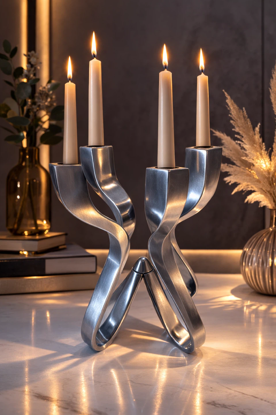 Modern Silver Metal 4-Candle Candelabra