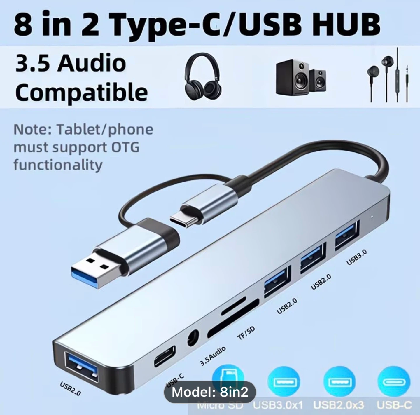8-in-1 Hub, USB & Type-C Port, Multi-Functional