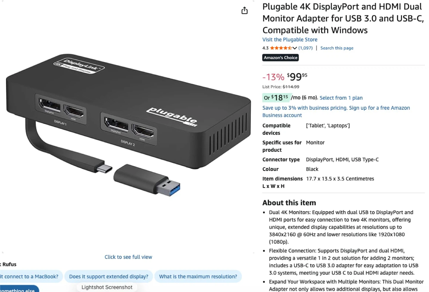 Plugable 4K DisplayPort HDMI Dual Monitor Adapter USB 3.0 USB-C - photo 3