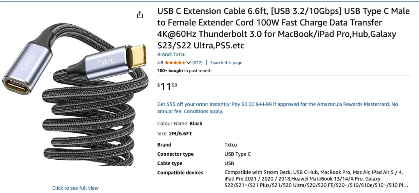 Txtcu USB C Extension Cable 6.6FT Black