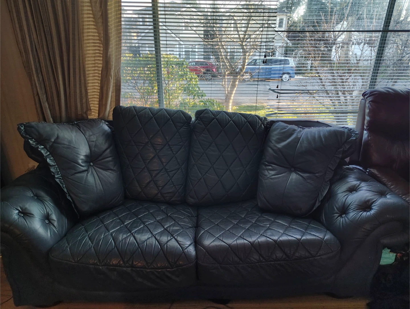 Free delivery -  dark blue genuine leather sofa for 4-5 people