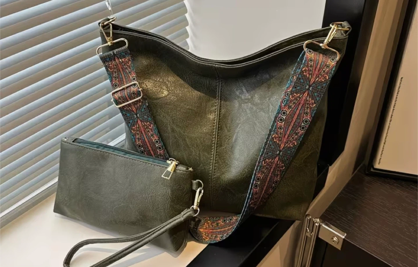 Olive Green Hobo Bag with Patterned Strap