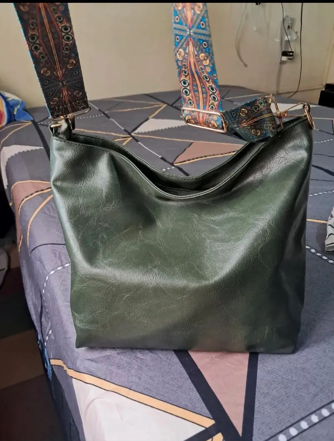 Olive Green Hobo Bag with Patterned Strap - photo 2