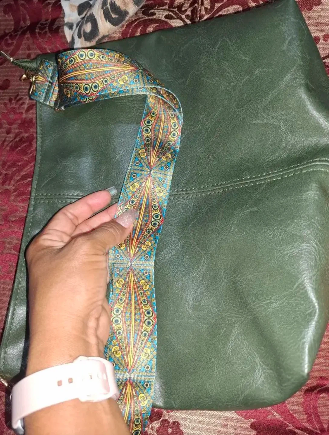 Olive Green Hobo Bag with Patterned Strap - photo 4