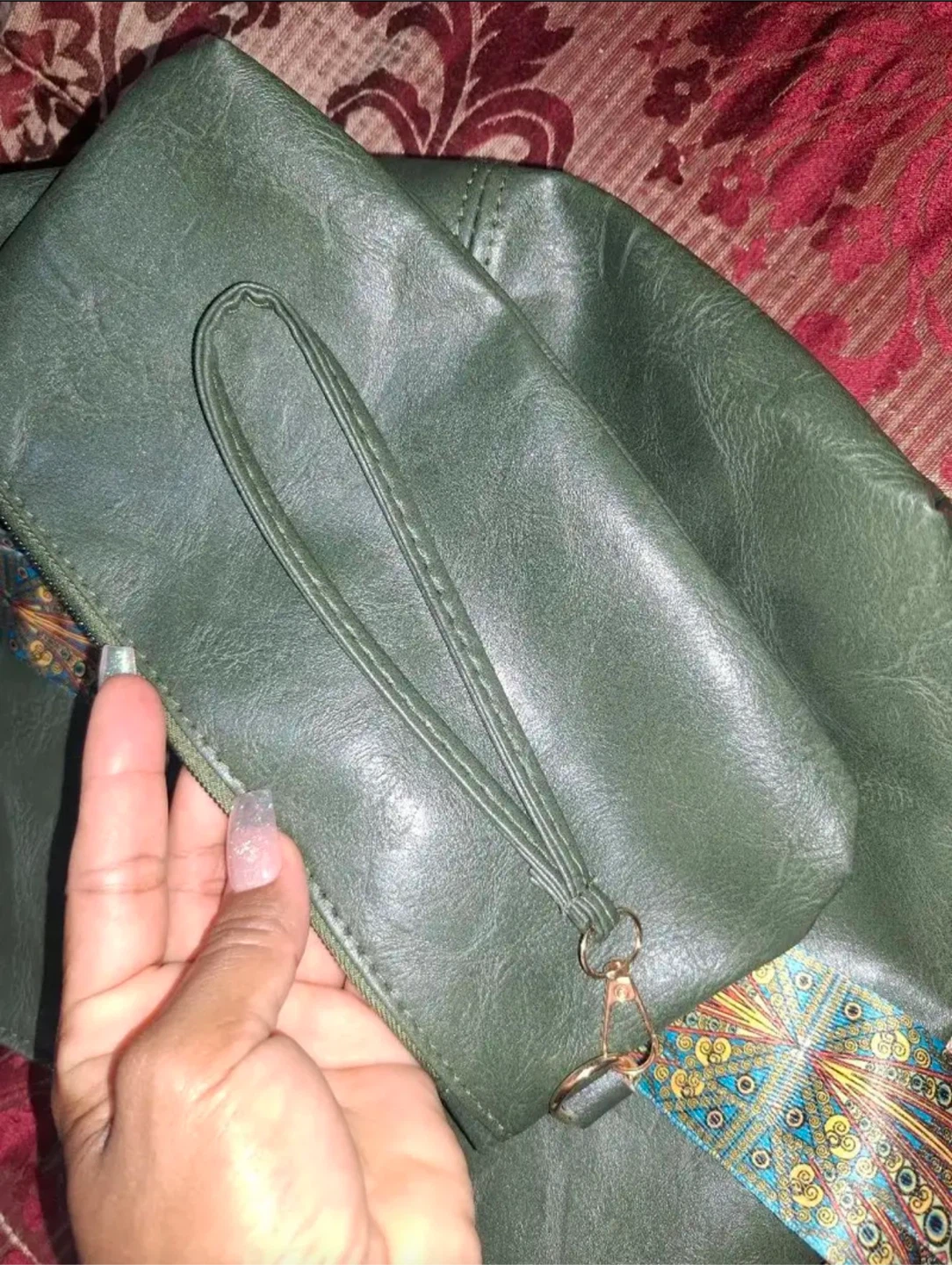 Olive Green Hobo Bag with Patterned Strap - photo 3