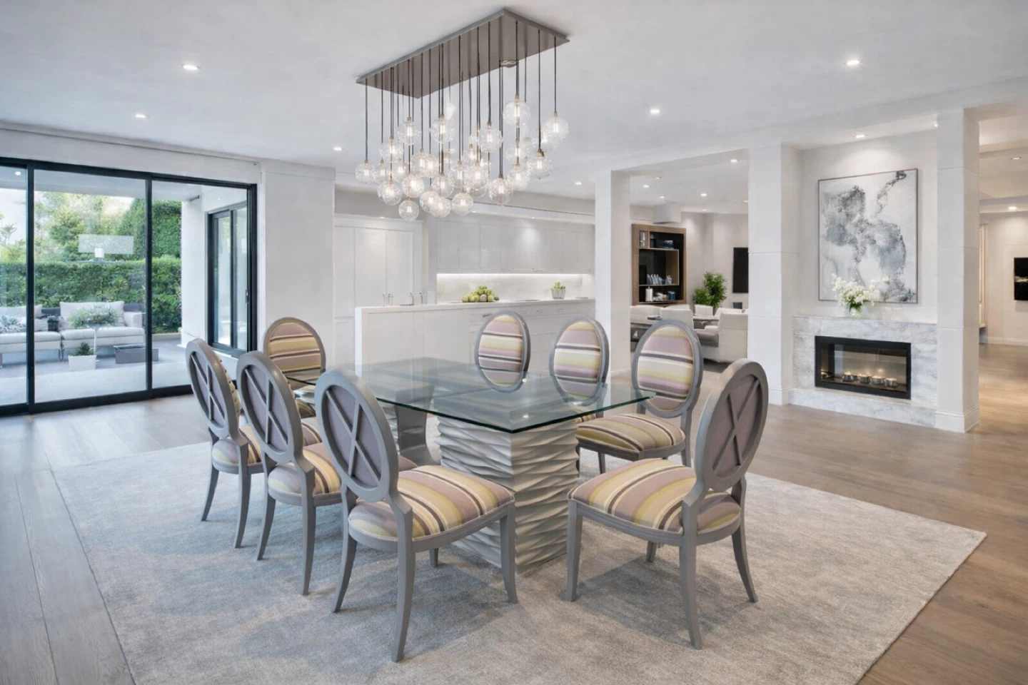 Glass Dining Table with 6 Striped Chairs