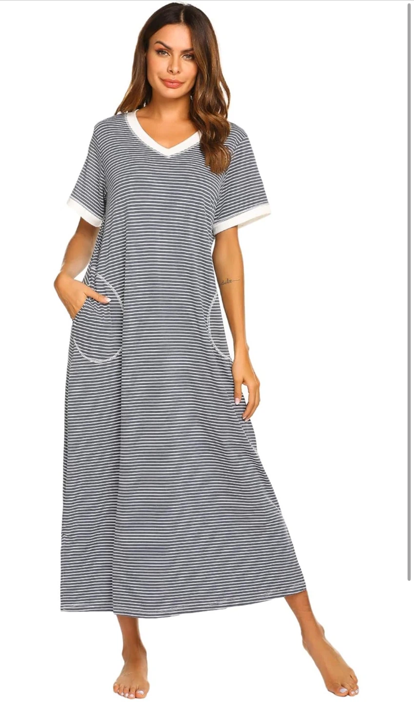 NEW! Ekouaer Loungewear Striped Long Nightgown with Pockets - photo 3
