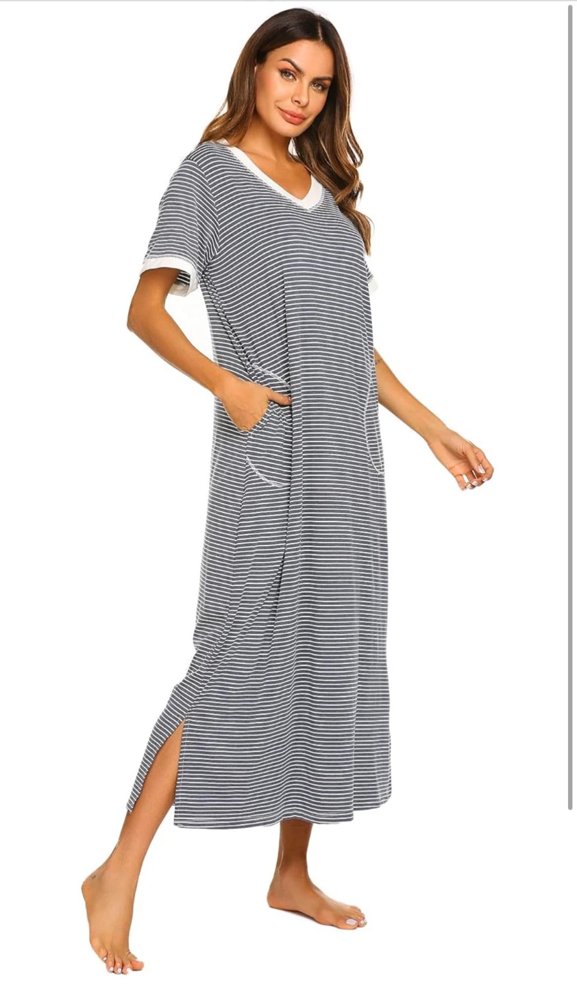 NEW! Ekouaer Loungewear Striped Long Nightgown with Pockets - photo 4