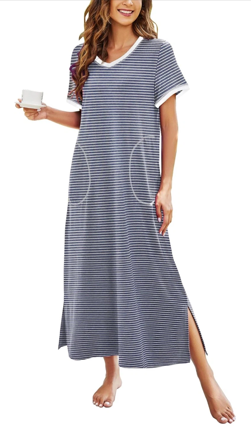 NEW! Ekouaer Loungewear Striped Long Nightgown with Pockets