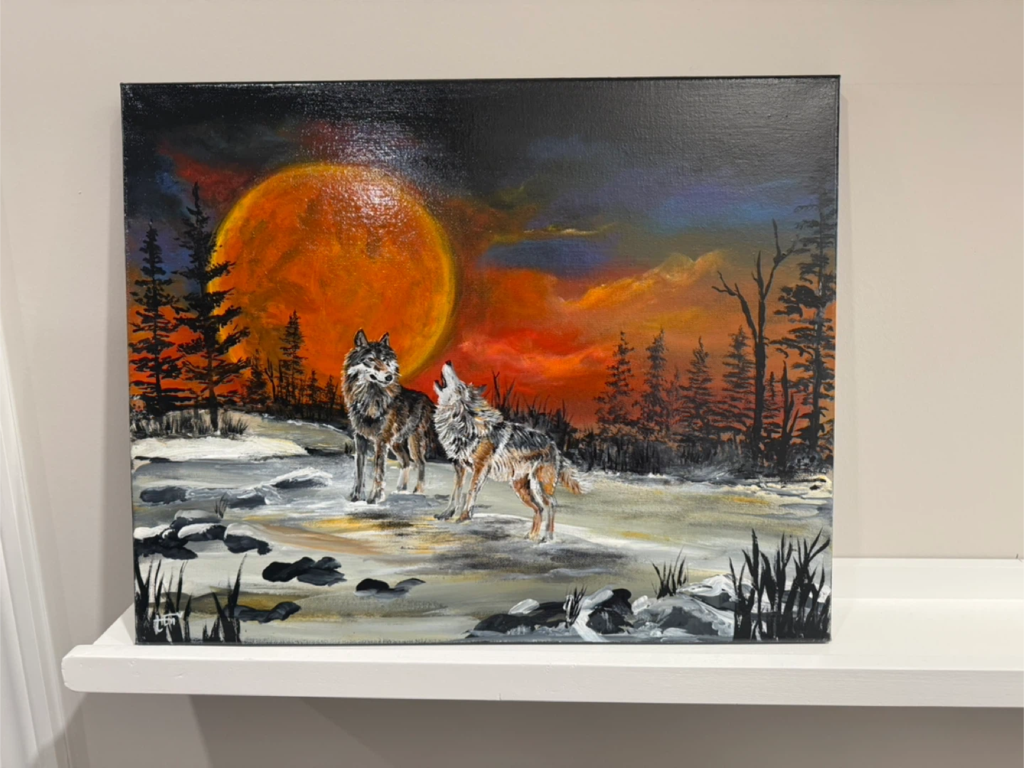 Original Wolf Painting with Orange Moon - photo 2