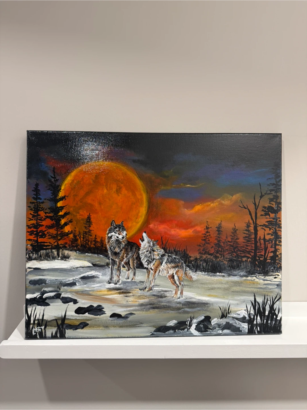 Original Wolf Painting with Orange Moon - photo 3