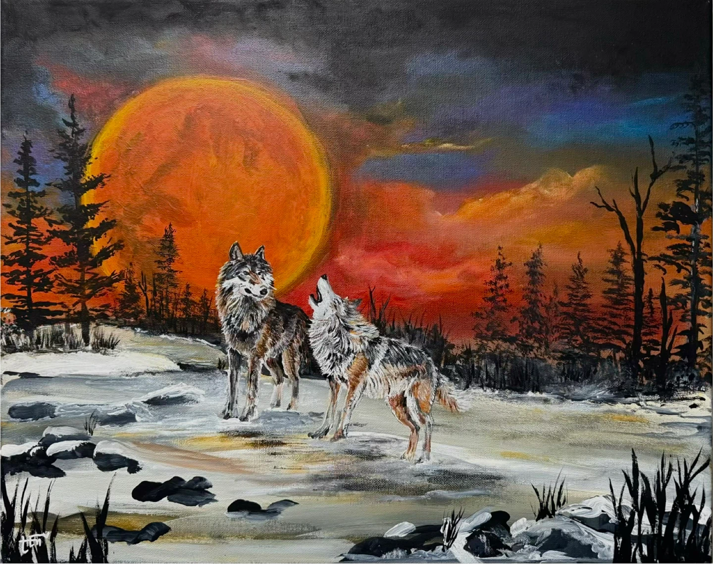 Original Wolf Painting with Orange Moon
