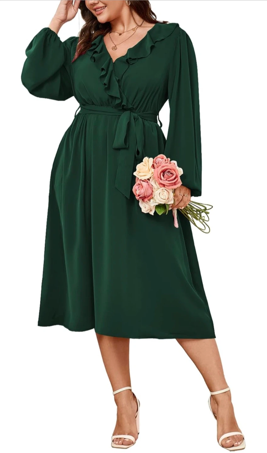 NEW! SCOMCHIC Midi Long Sleeve V Neck Green Ruffle Wrap Dress