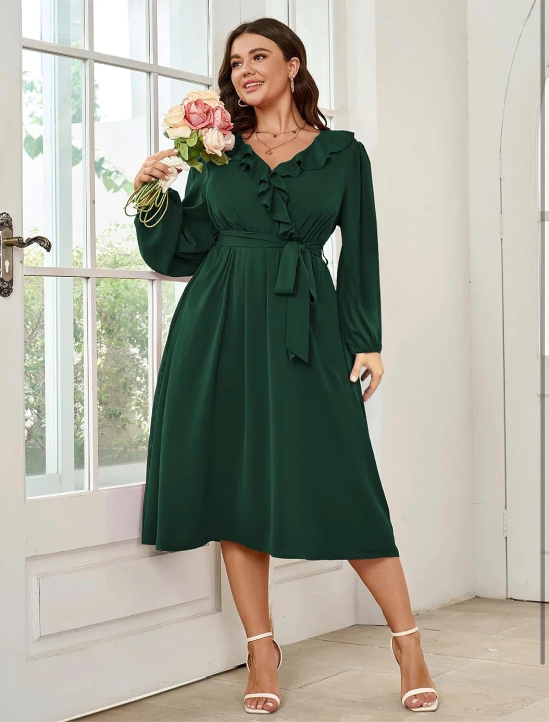 NEW! SCOMCHIC Midi Long Sleeve V Neck Green Ruffle Wrap Dress - photo 2