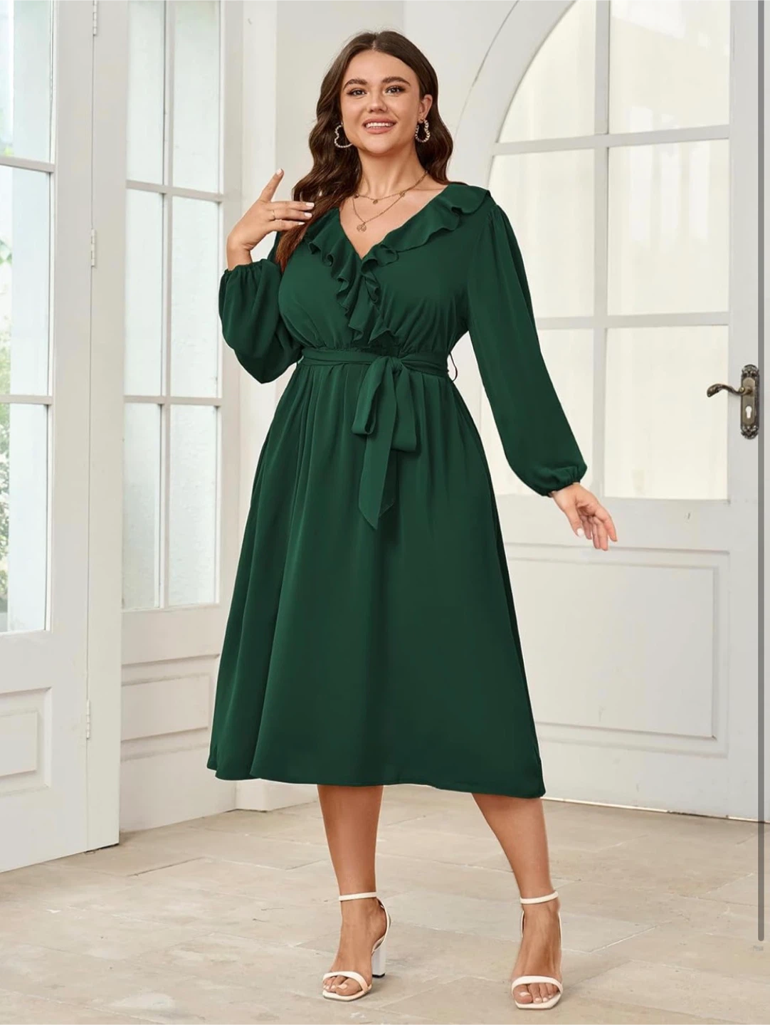 NEW! SCOMCHIC Midi Long Sleeve V Neck Green Ruffle Wrap Dress - photo 5