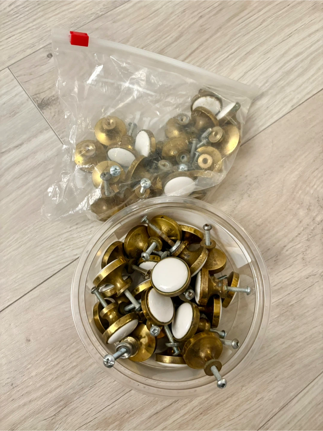 Brass and White Ceramic Drawer Knobs (Quantity Unknown)