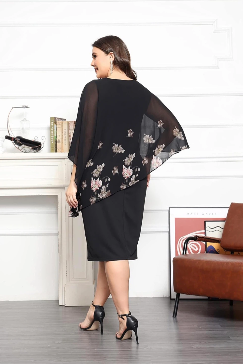 NEW! KIMCURVY Black Floral Chiffon Overlay Midi Pencil Dress - photo 4