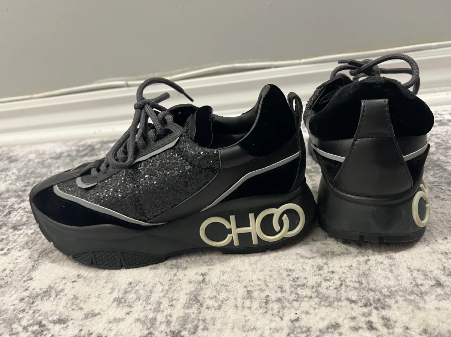 Jimmy Choo Black Glitter & Velvet Sneakers - Size 37 - photo 4