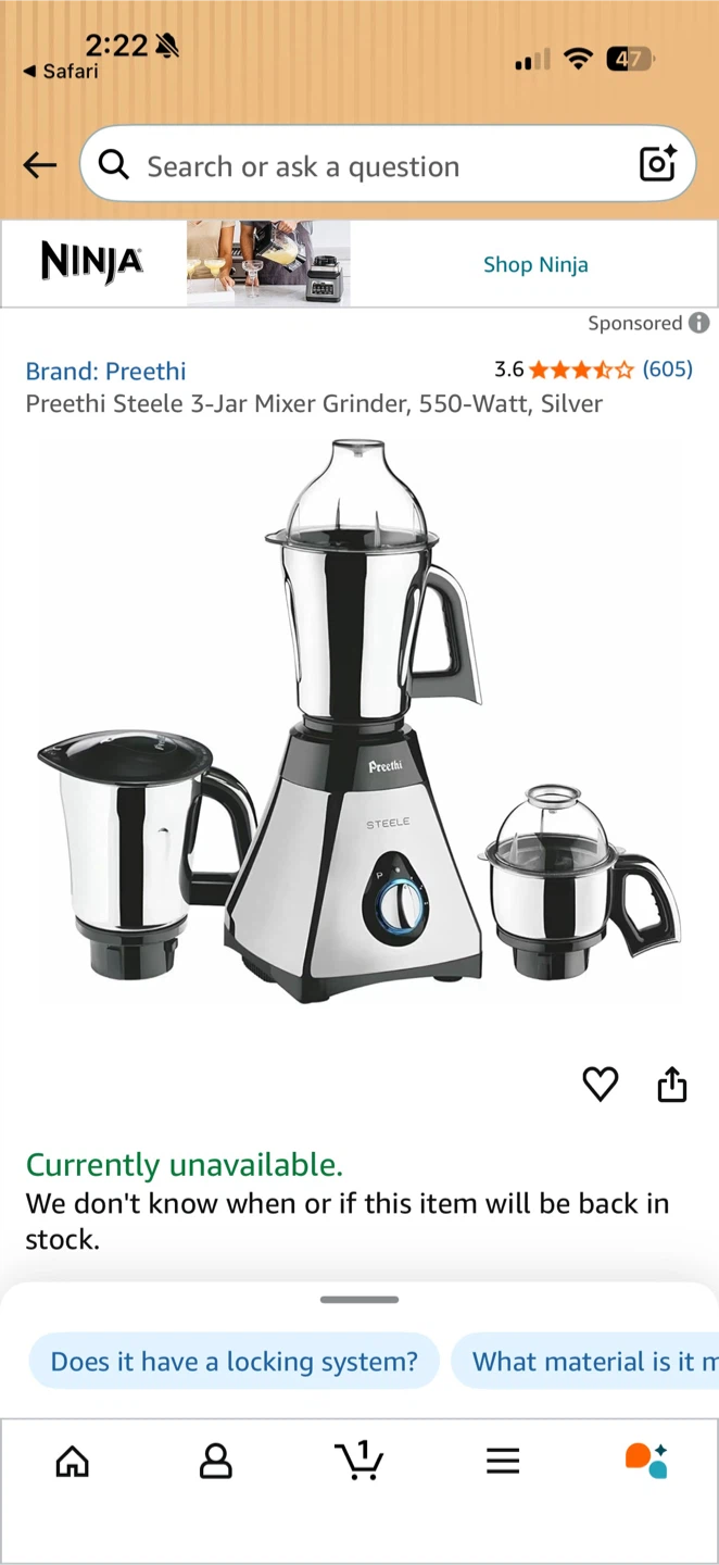 Preethi Steele 3-Jar Mixer Grinder - Silver, 550W