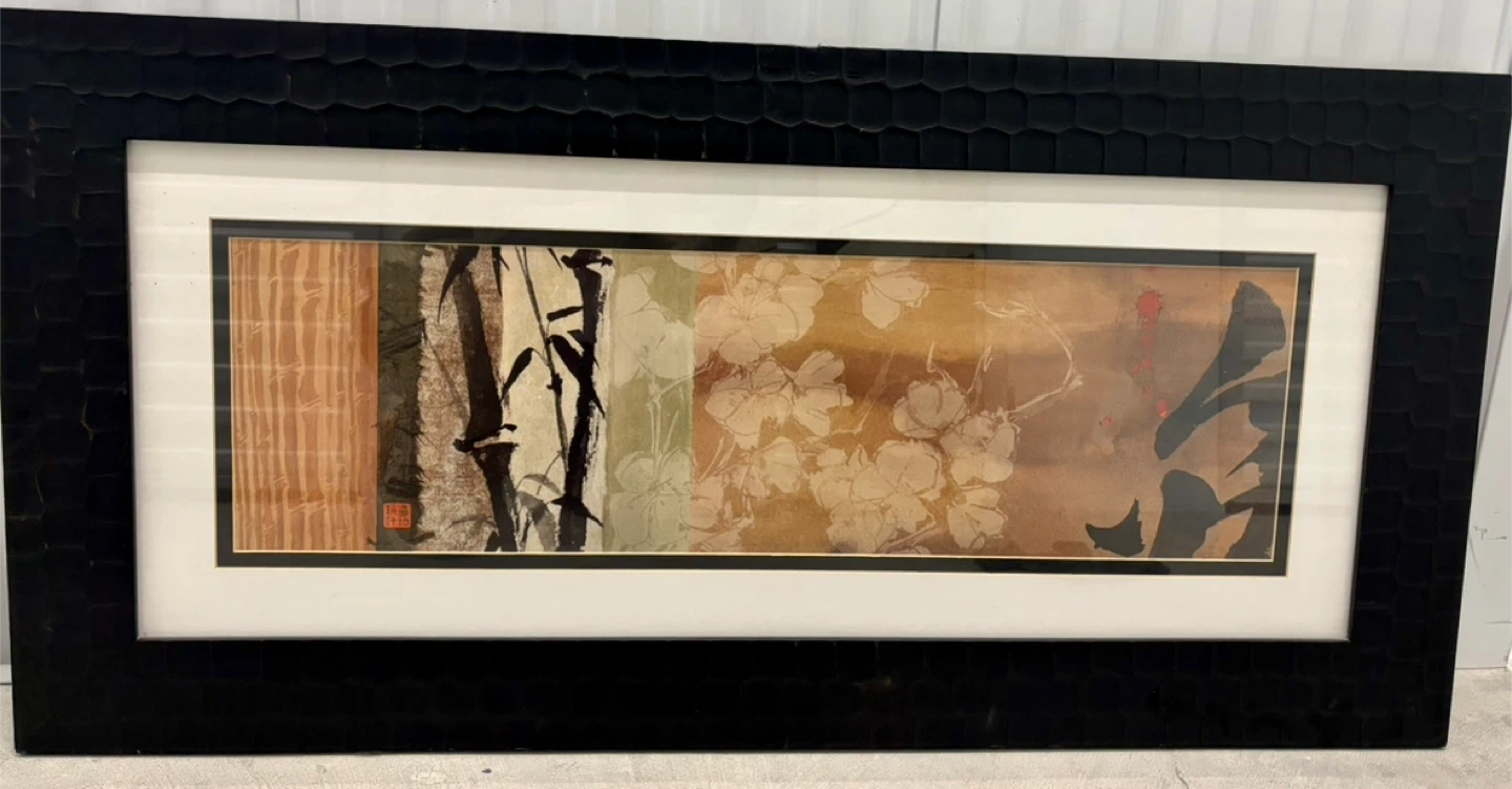 Framed Japanese-style Art Print with Bamboo and Flowers - photo 2