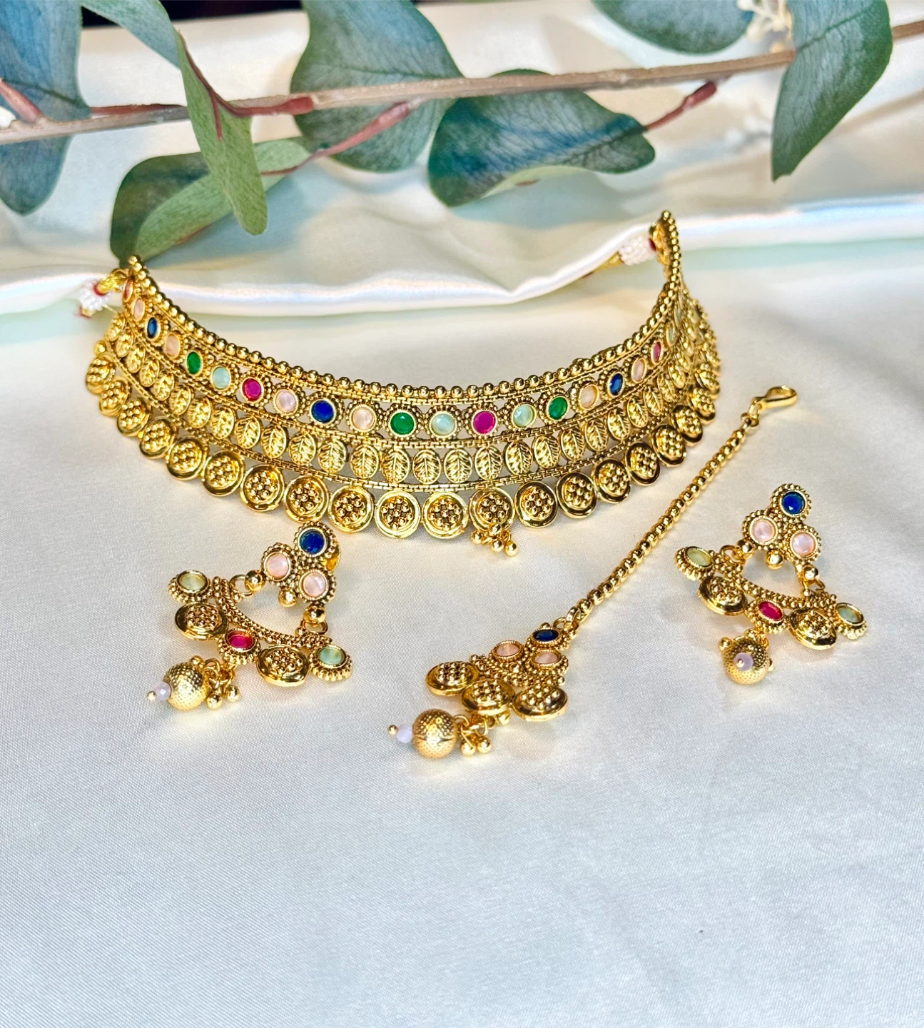 Gold Choker Necklace Set with Earrings and Tikka