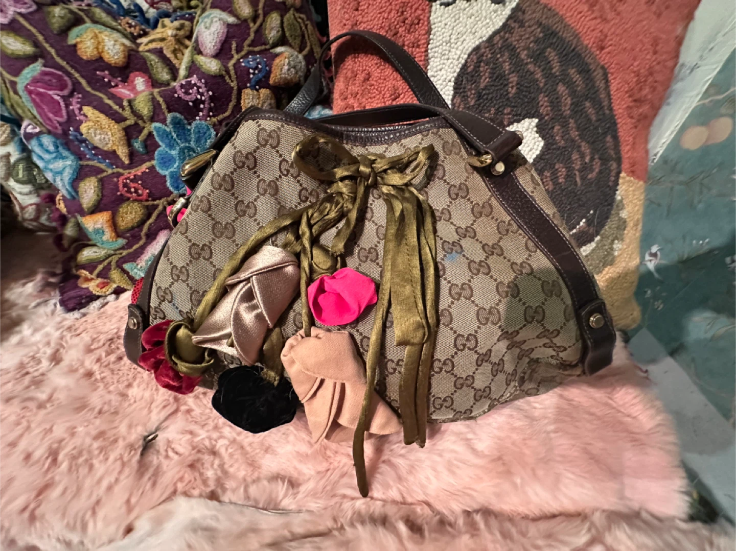 Gucci Monogram Canvas Floral Appliqué Shoulder Bag