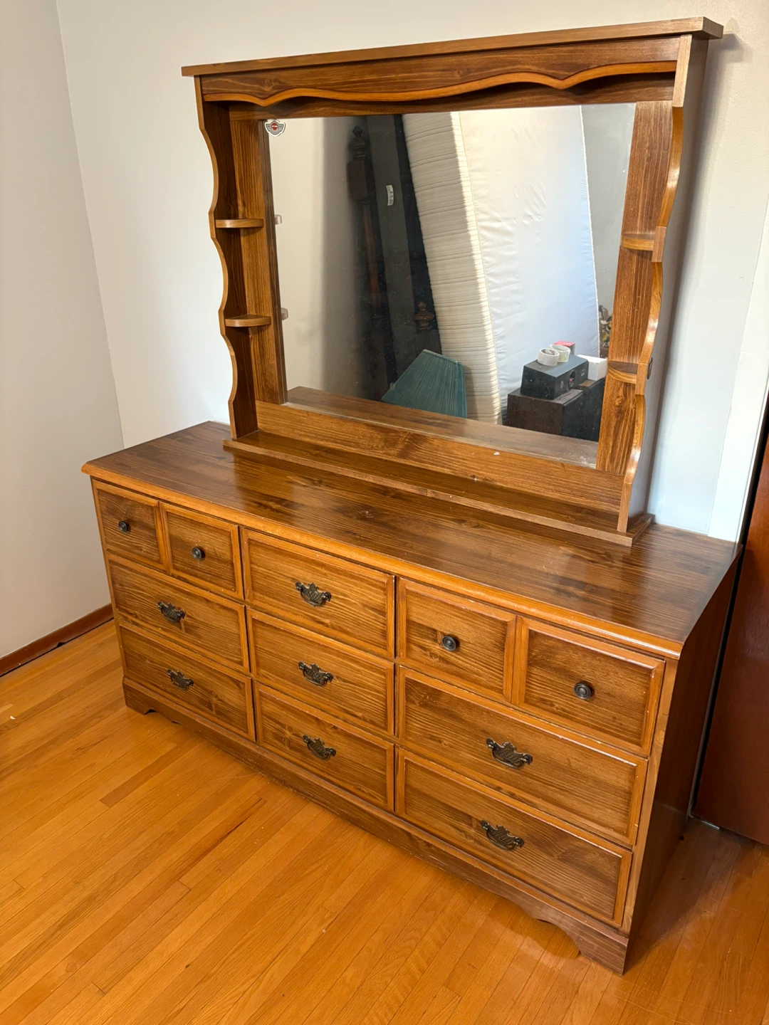 Wooden Dresser with Mirror and Shelving