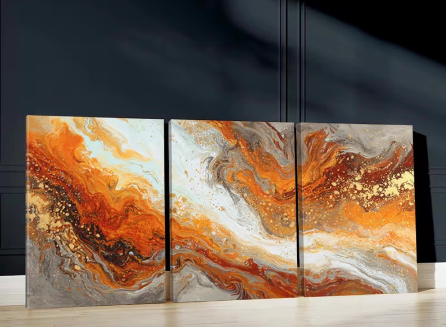 Abstract Orange and Gold Triptych Wall Art
