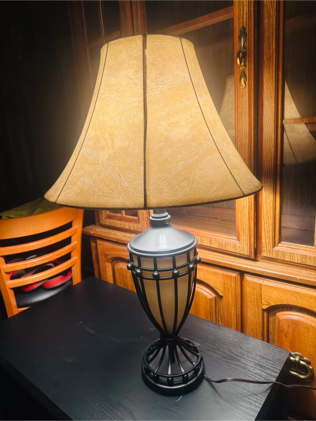 Table Lamp with Decorative Base and Tan Shade