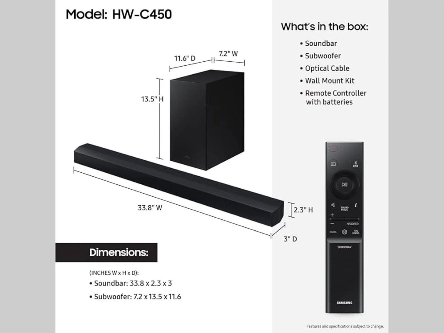 Samsung HW-C450 Soundbar and Subwoofer with Remote - photo 2