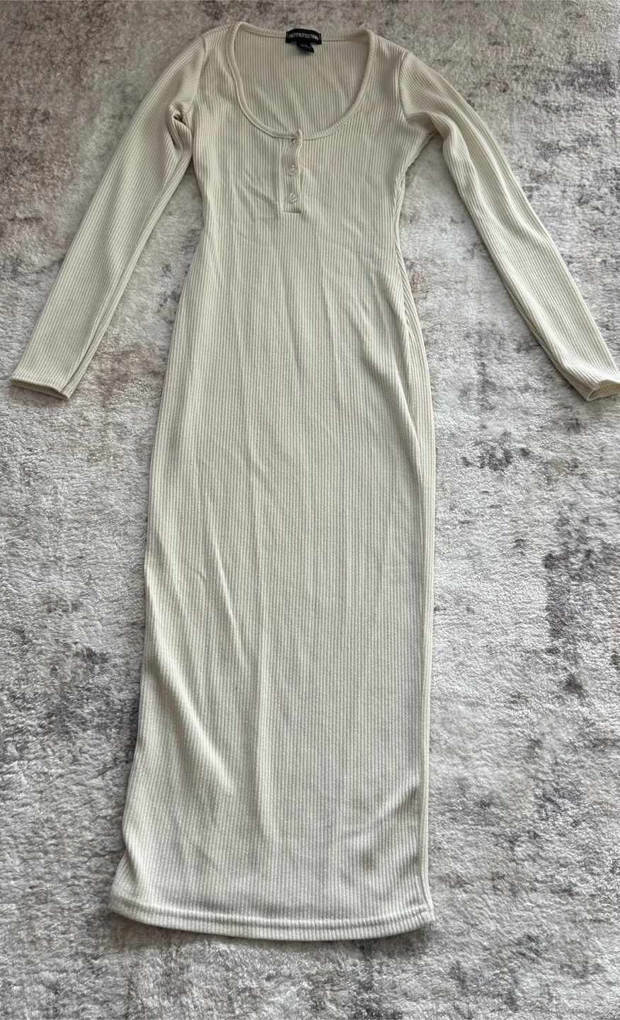 PrettyLittleThing Ribbed Long Sleeve Midi Dress Cream