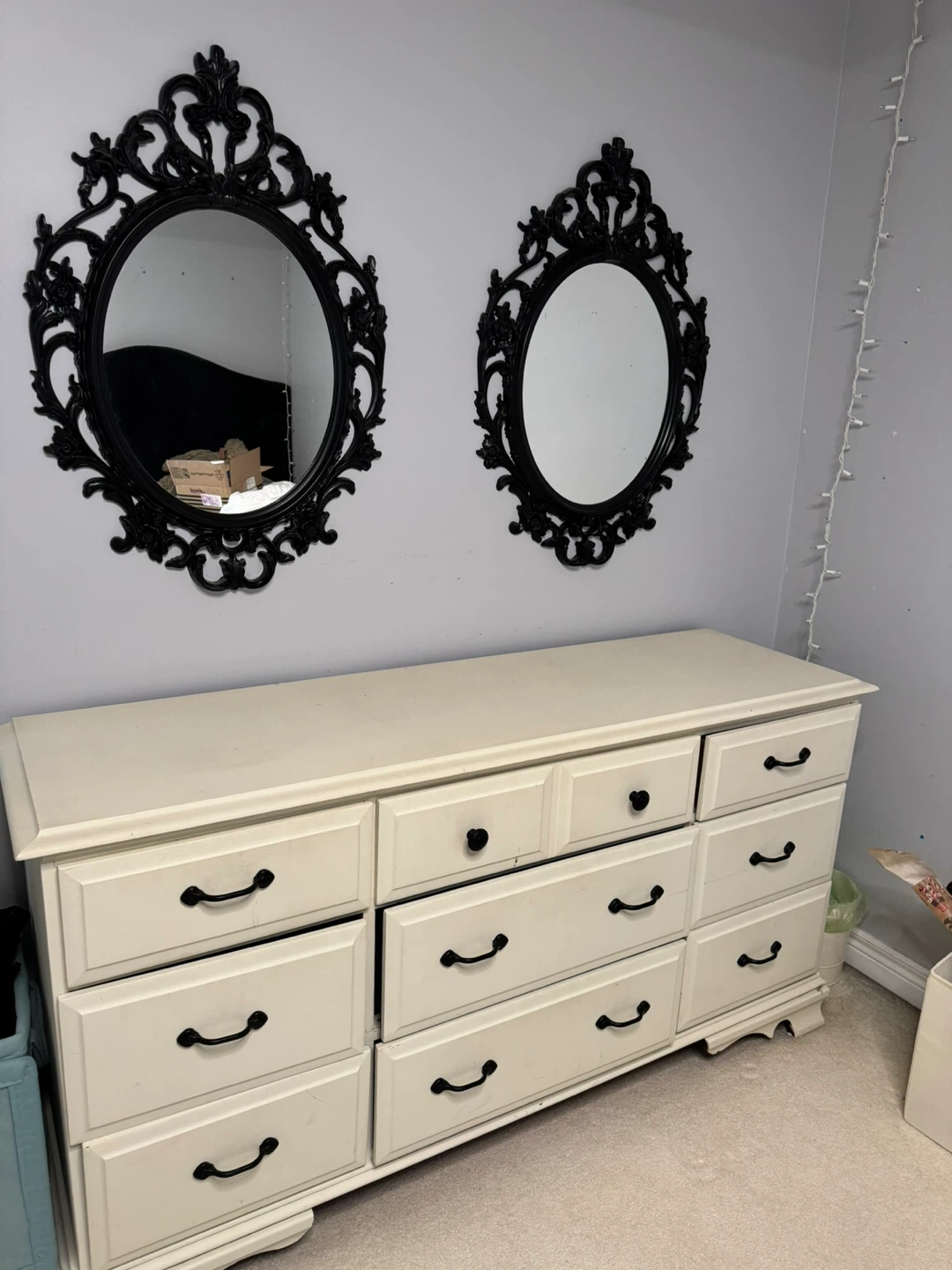 Cream coloured bedside table with two drawers