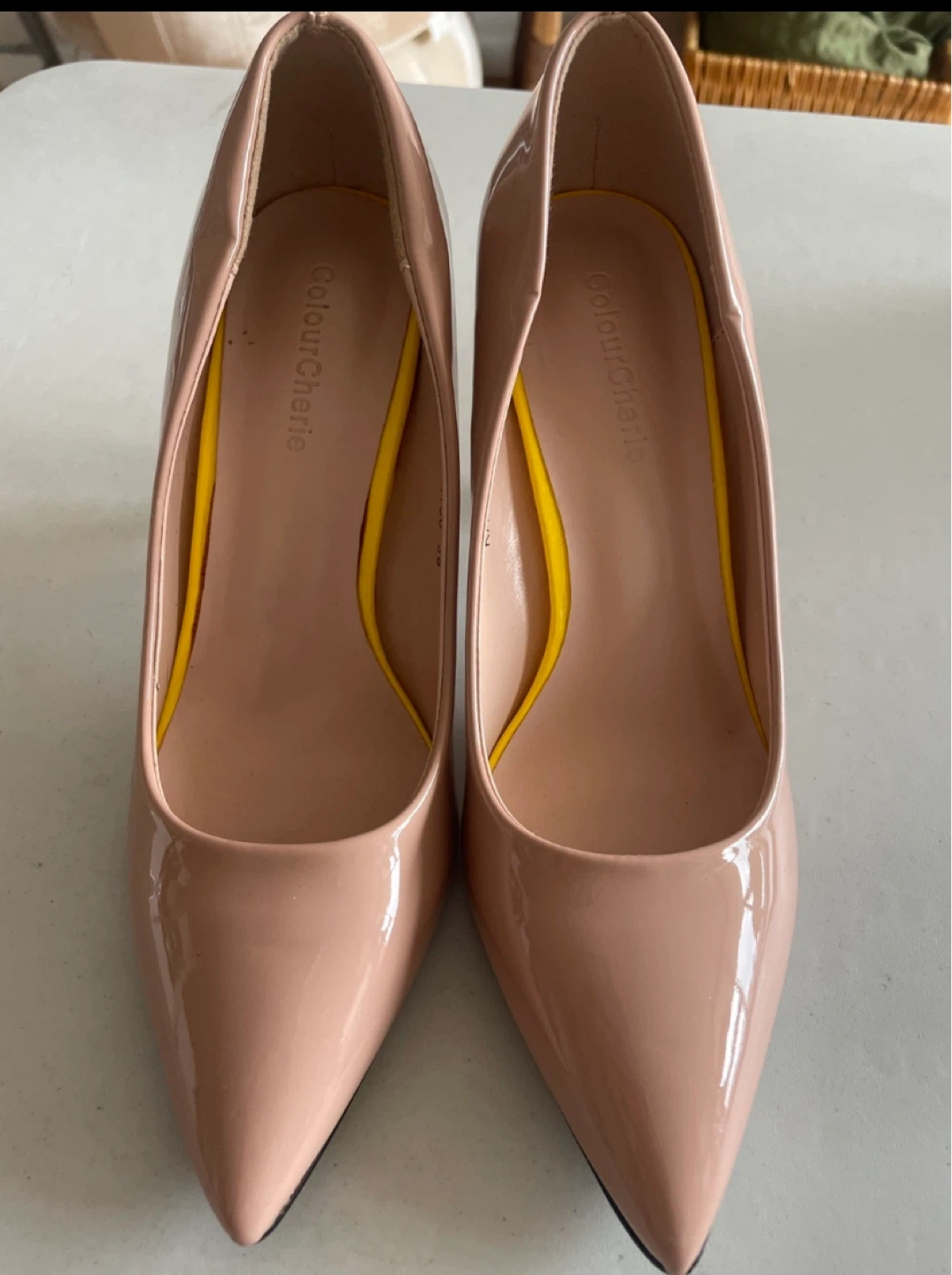 Nude Patent Leather Pointed-Toe Heels