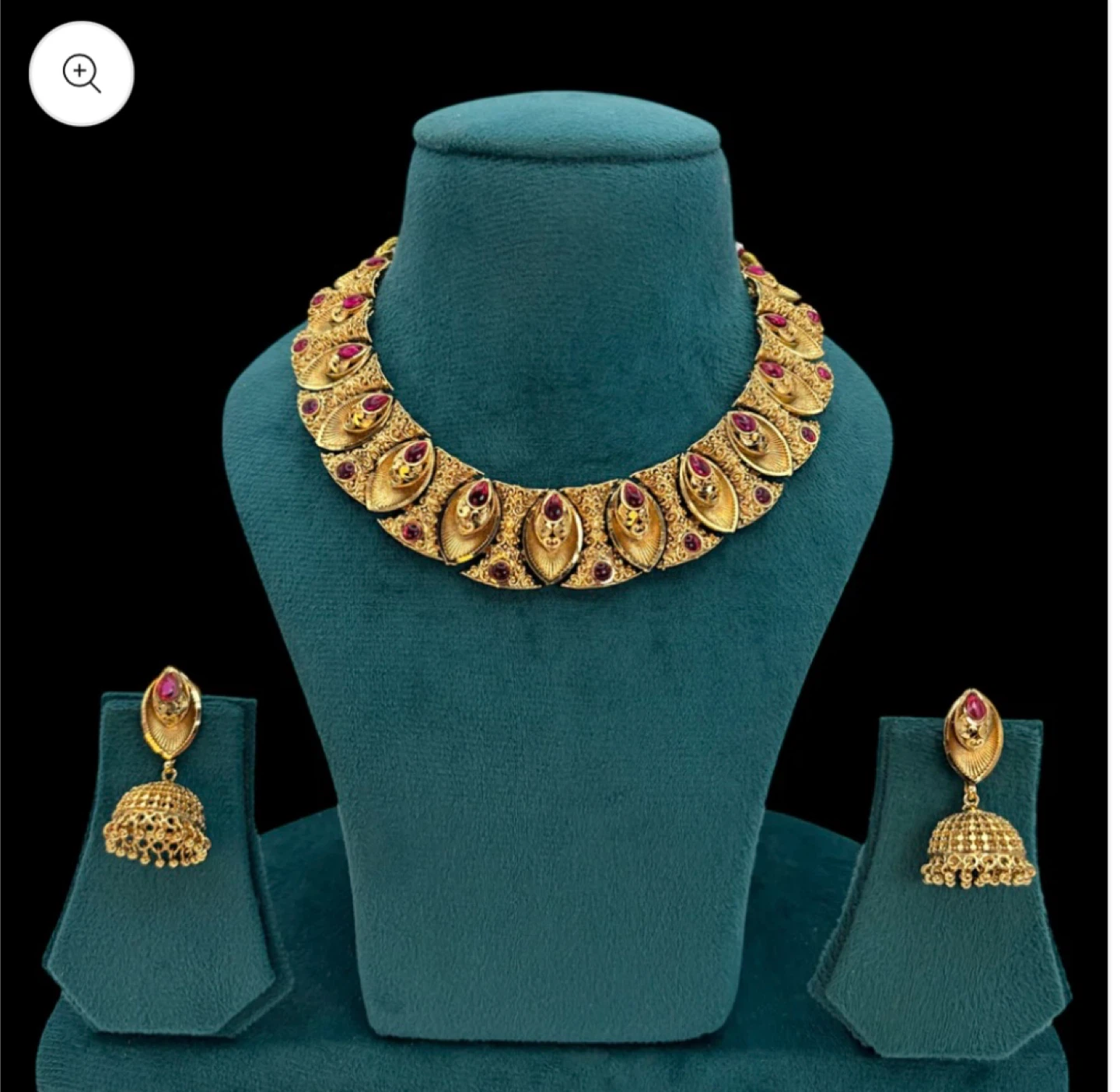 Gold-toned Necklace and Earring Set with Red Stones