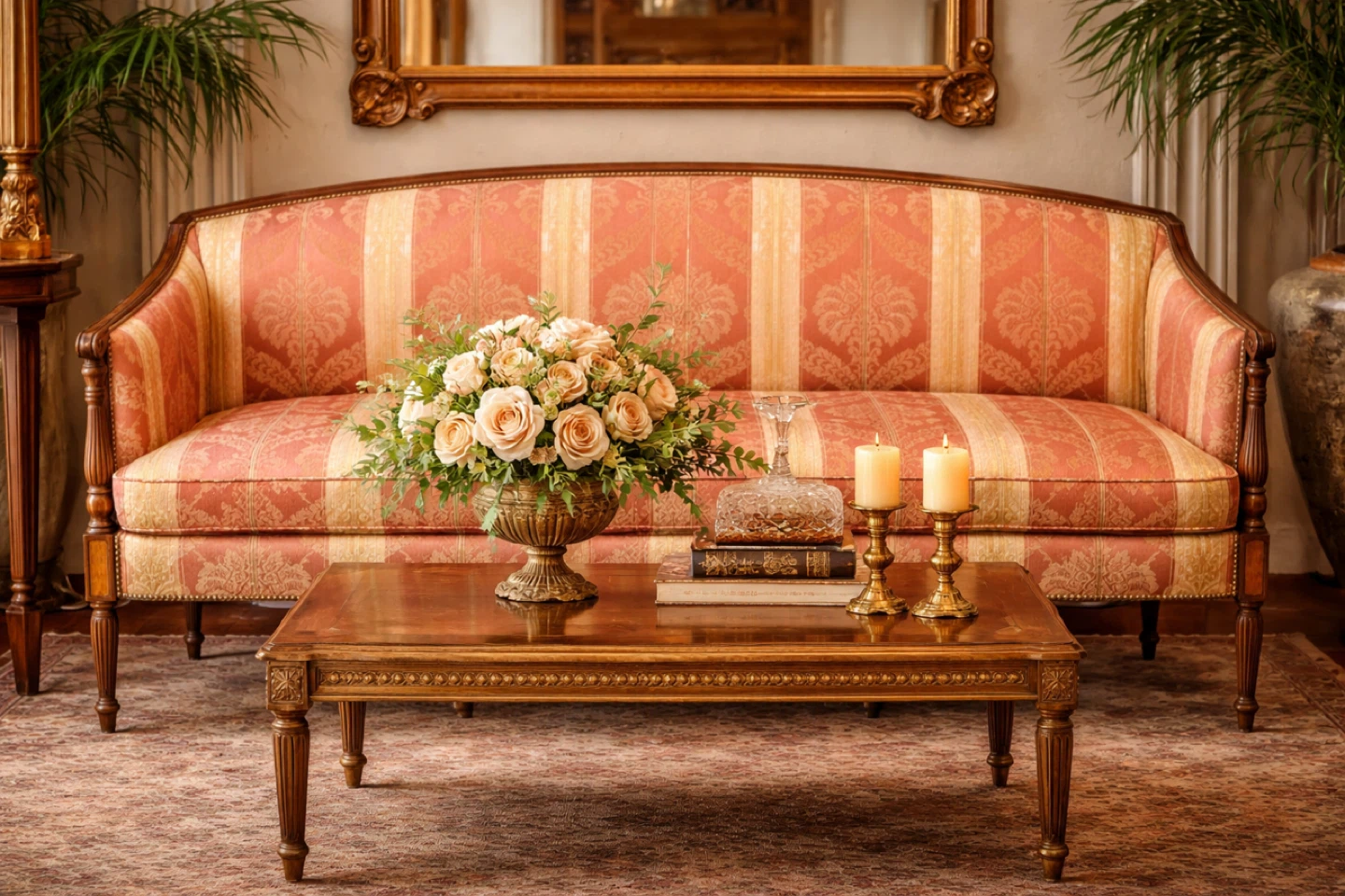 Vintage Sofa - Red & Cream Damask Upholstery