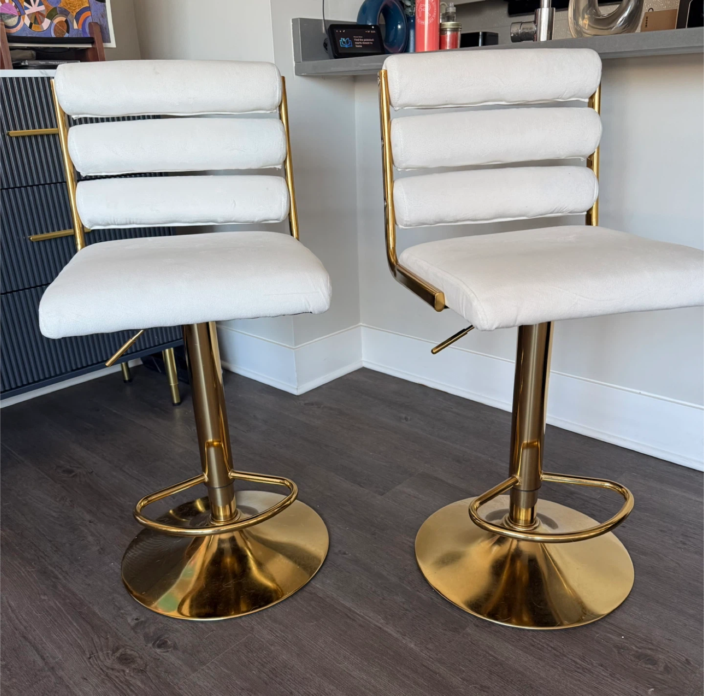 White and Gold Swivel Bar Stools - Set of 2