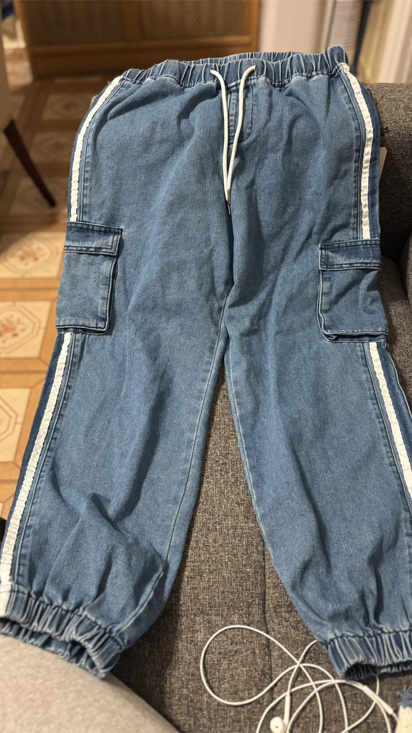 🧡Forever 21 Blue Denim Cargo Pants with White Stripes