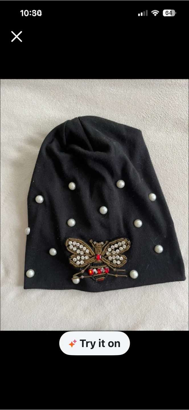 Black Beanie with Pearl Embellishments and Bee Design