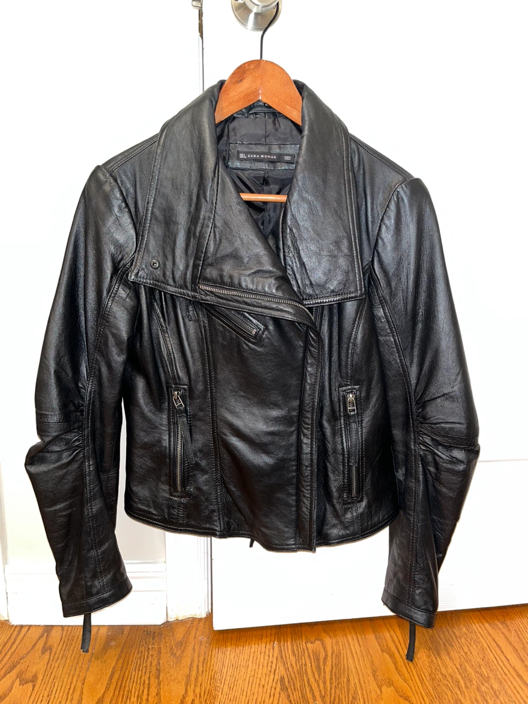 Zara Woman Black Leather Biker Jacket - Size L