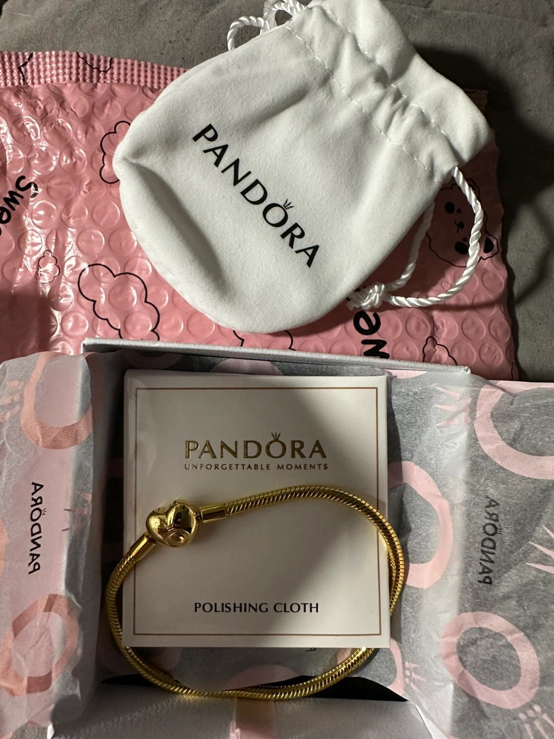 Pandora Gold Tone Snake Chain Bracelet with Heart Clasp