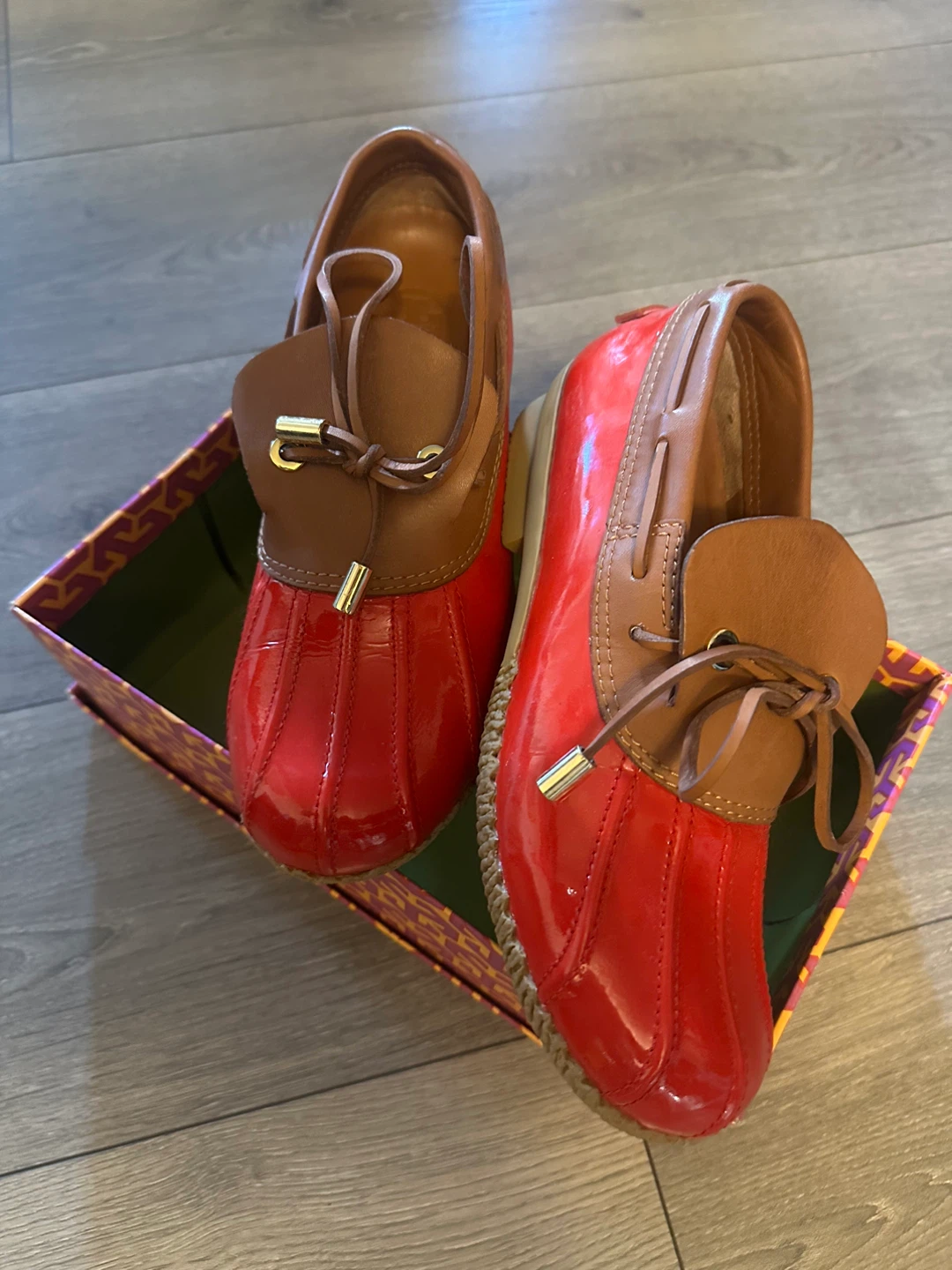 Tory Burch Red Patent Leather Duck Boots