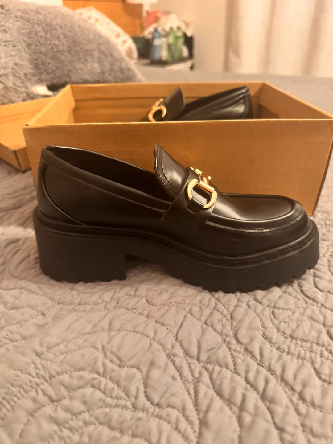Black Loafers with Gold Buckle