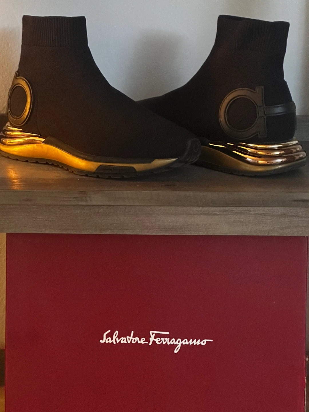 Salvatore Ferragamo Black & Gold Sock Sneakers