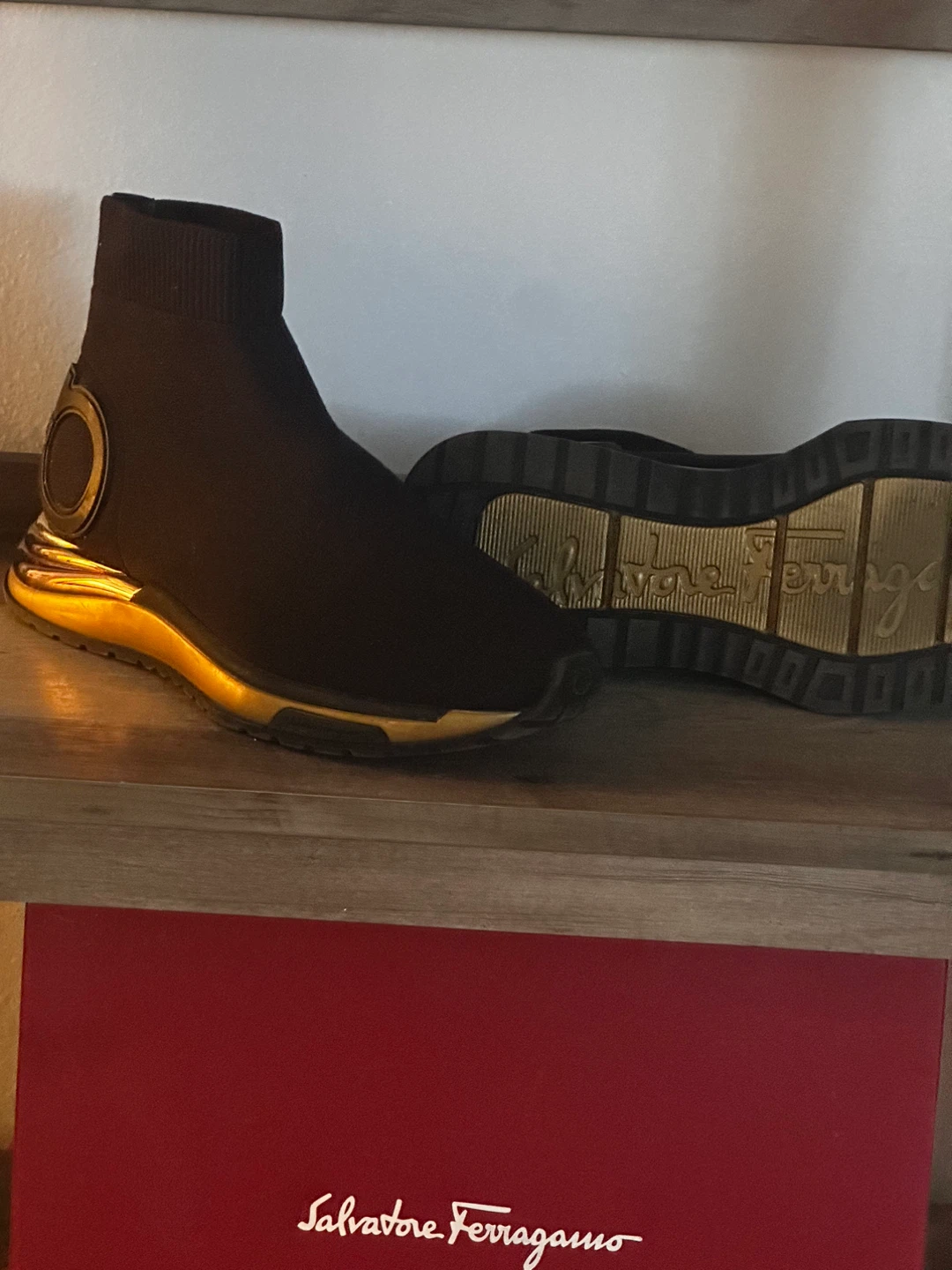 Salvatore Ferragamo Black & Gold Sock Sneakers - photo 2