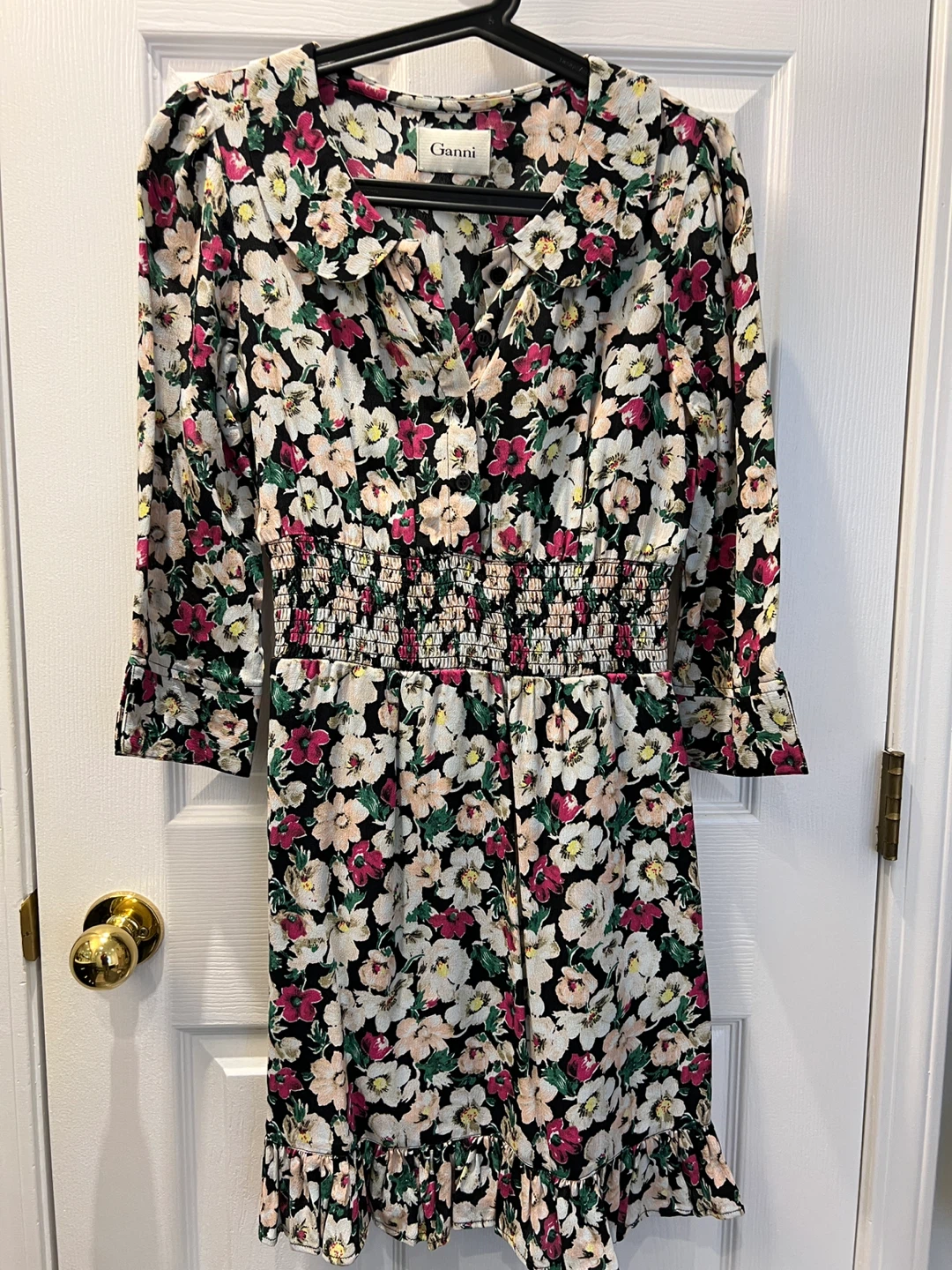 Ganni Floral Print Long Sleeve Smocked Waist Dress