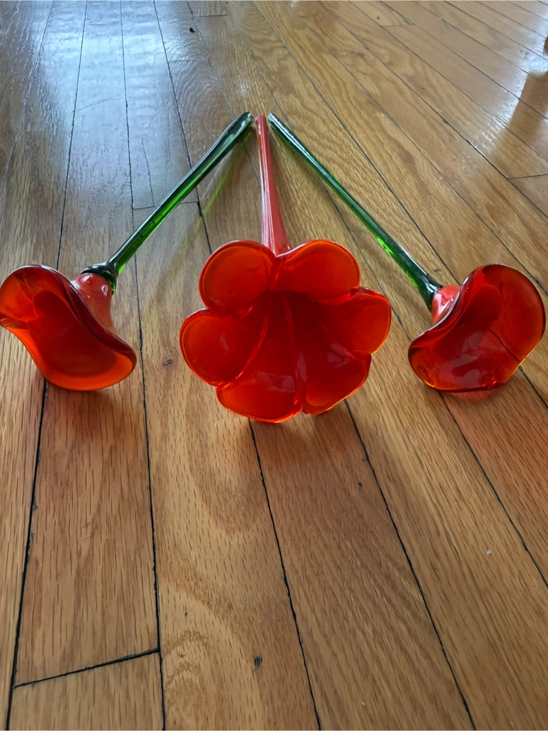Set of 3 Orange Glass Flowers, Long Murano